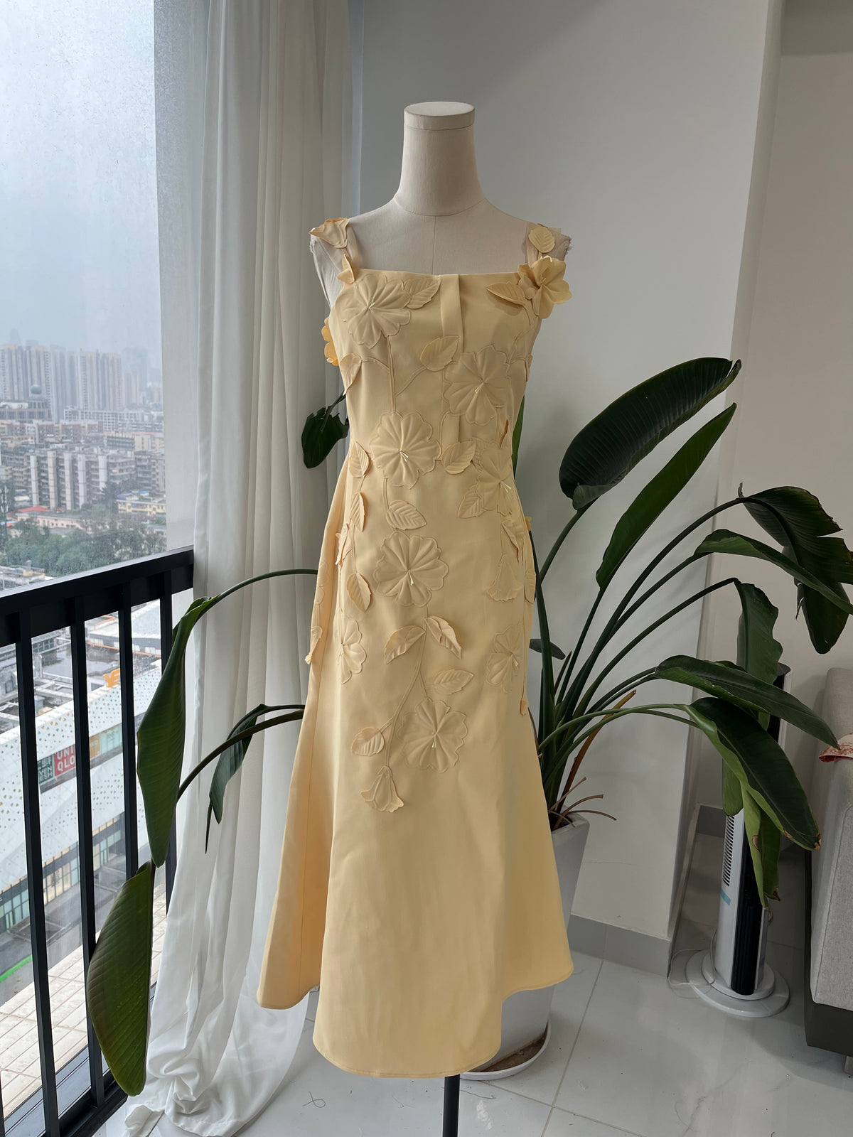 Yellow Floral Applique Midi Slip Dress