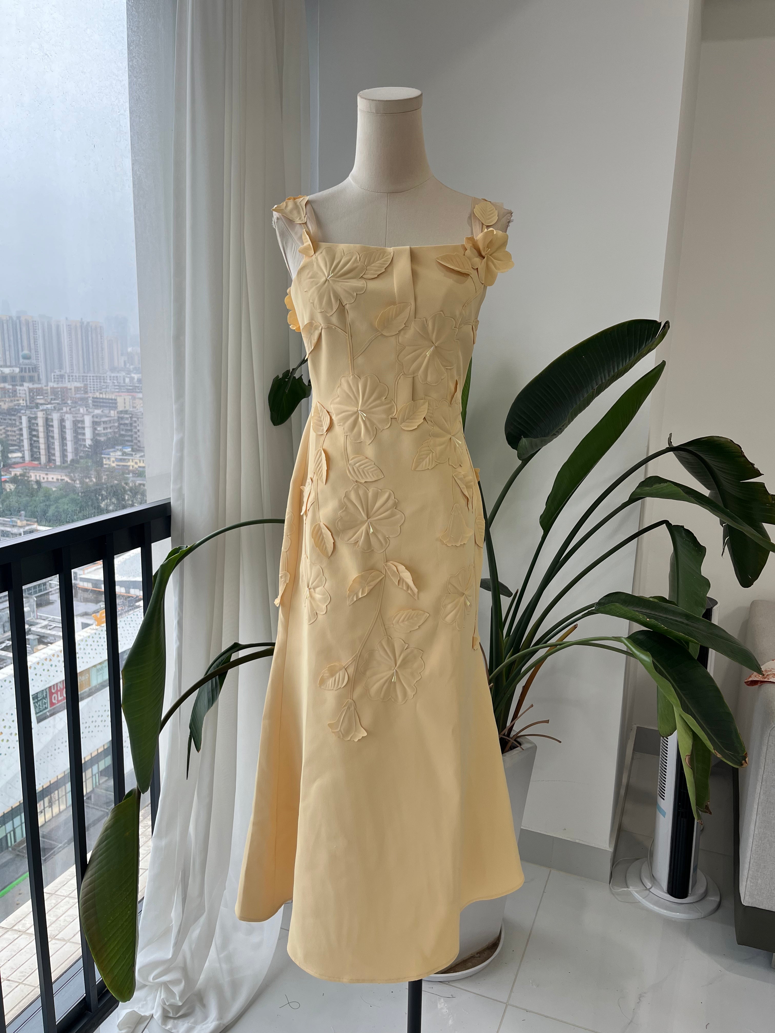 Yellow Floral Applique Midi Slip Dress