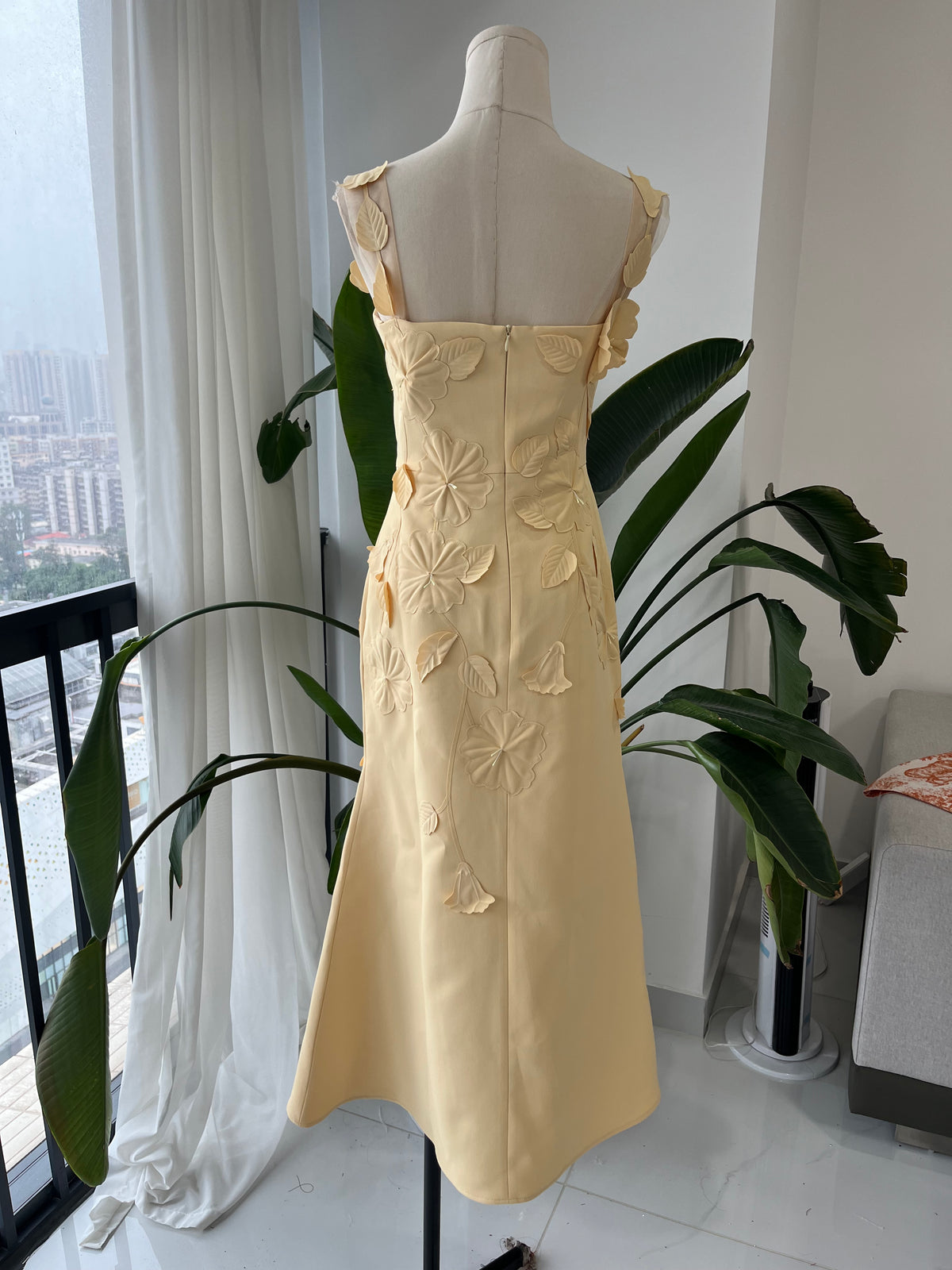 Yellow Floral Applique Midi Slip Dress
