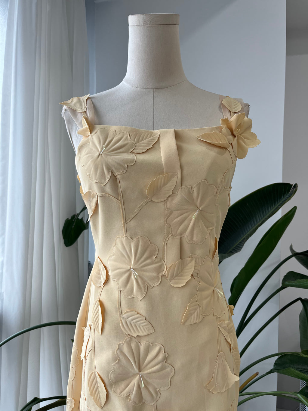 Yellow Floral Applique Midi Slip Dress