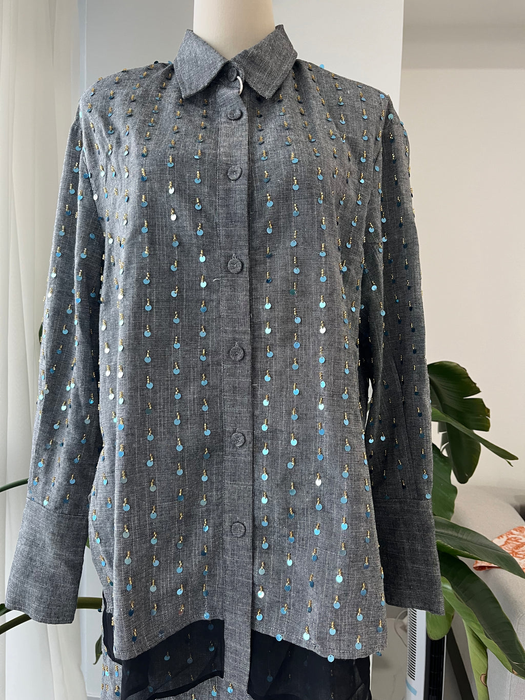 Grey Linen Set with Blue Sequin Embellishment