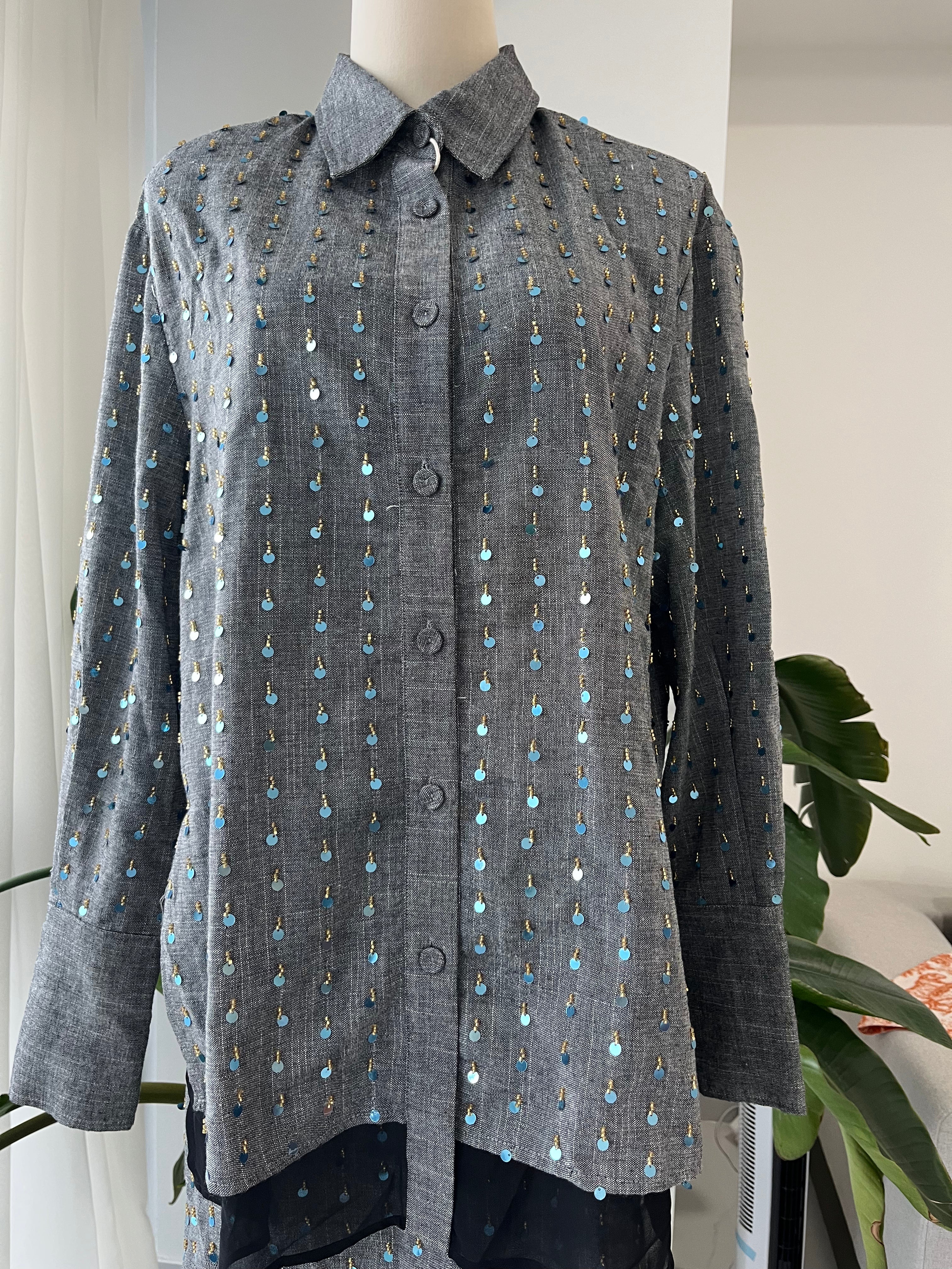 Grey Linen Set with Blue Sequin Embellishment