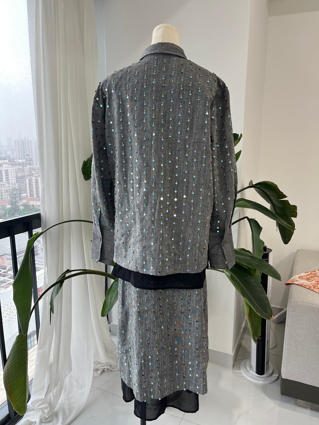 Grey Linen Set with Blue Sequin Embellishment