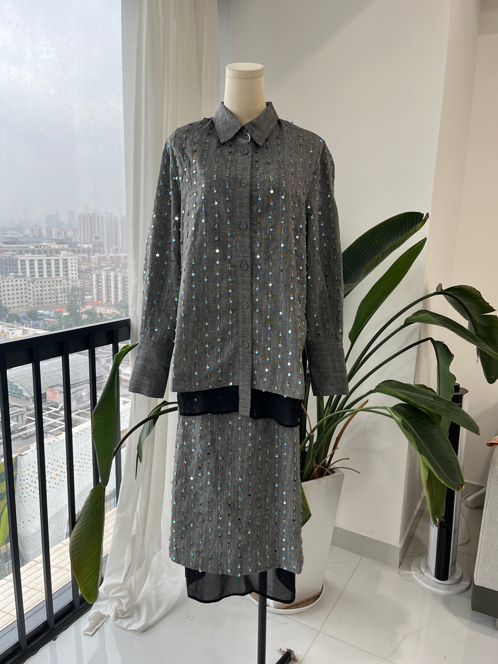 Grey Linen Set with Blue Sequin Embellishment
