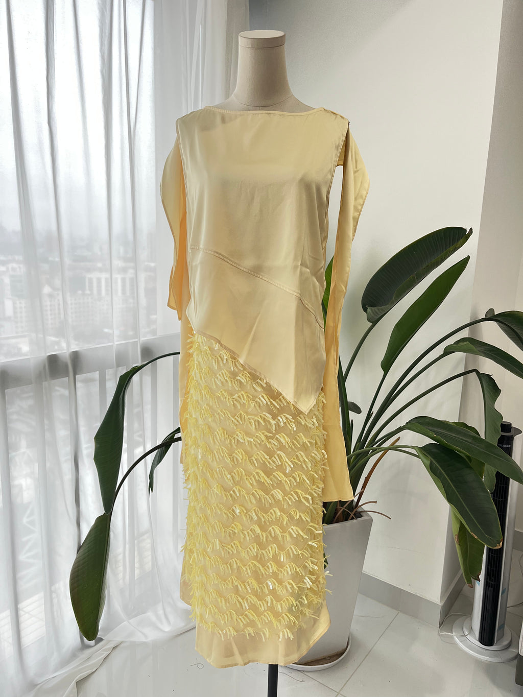 Cream Yellow Fringe Satin Set