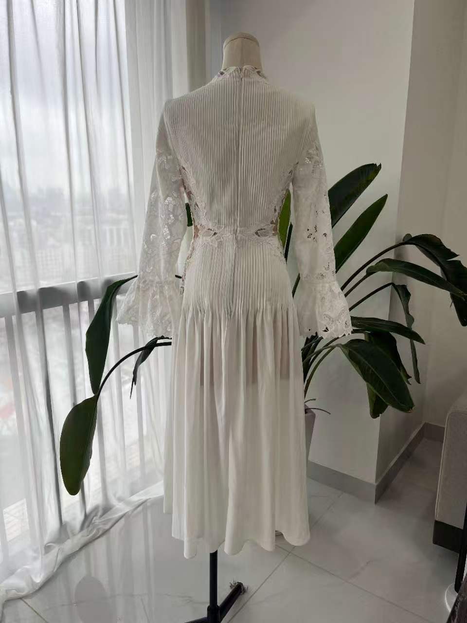 White Lace Pleated Dress